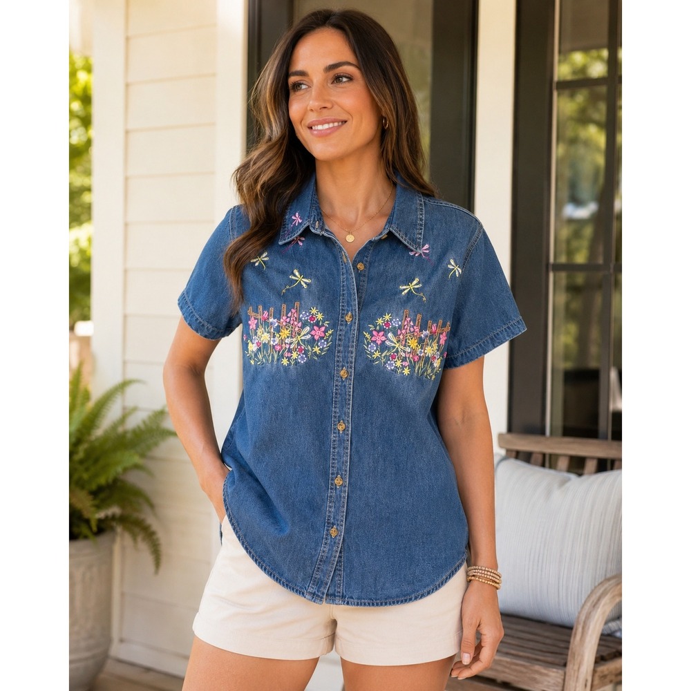 Vintage 90s Bobbie Brooks Denim Shirt Floral Embroidered Garden Dragonfly 90s